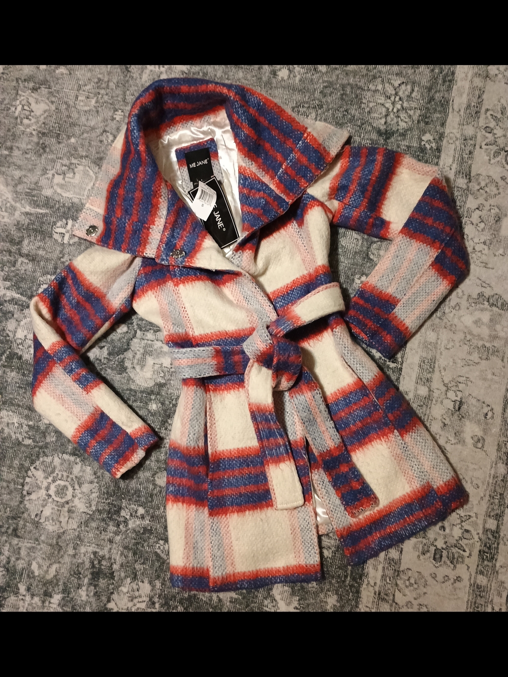 Brand New Me Jane Plaid Hooded Belted Coat Blue Pink Cream Size S